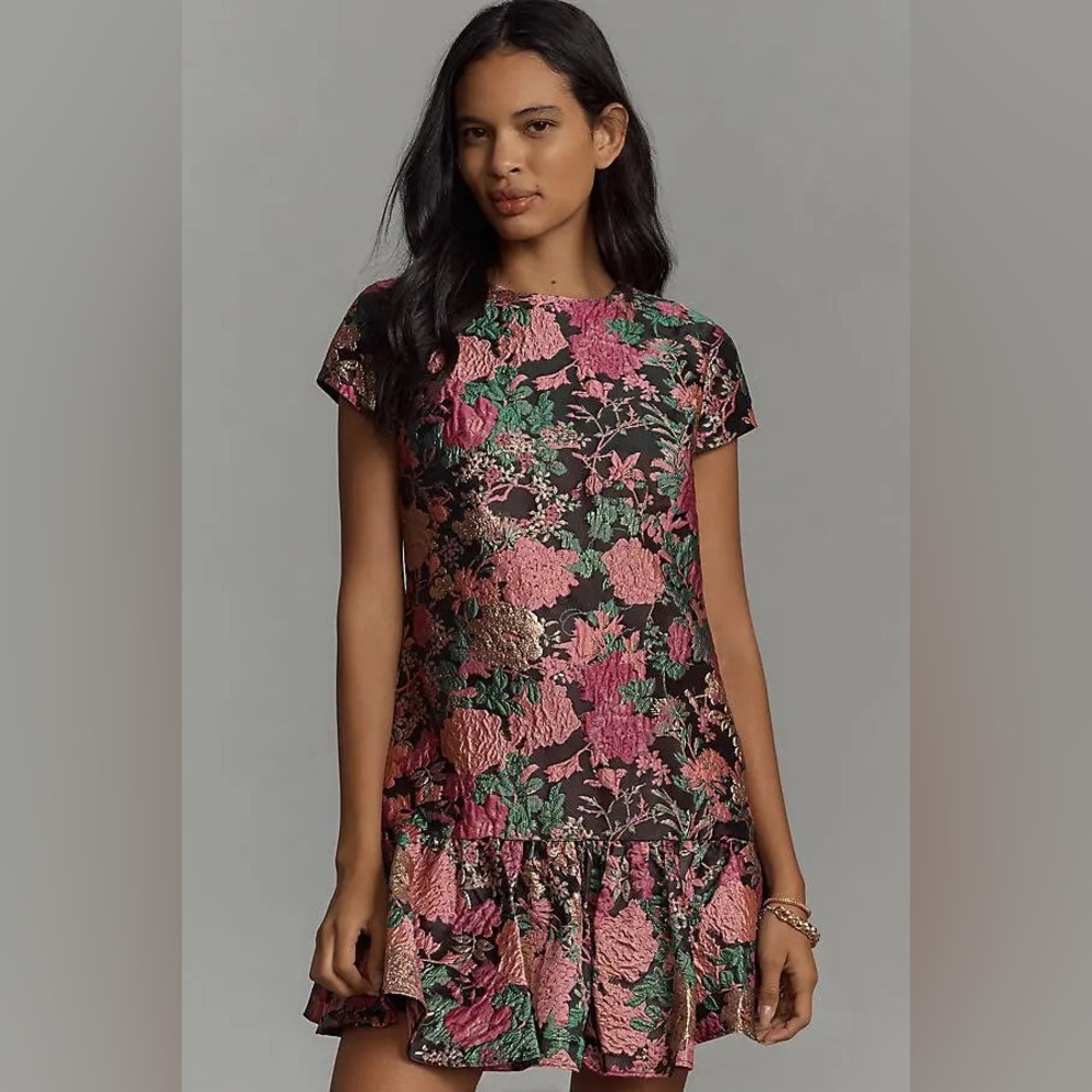 MAC DUGGAL Short-Sleeve Jacquard Ruffled Mini Dress Anthropologie